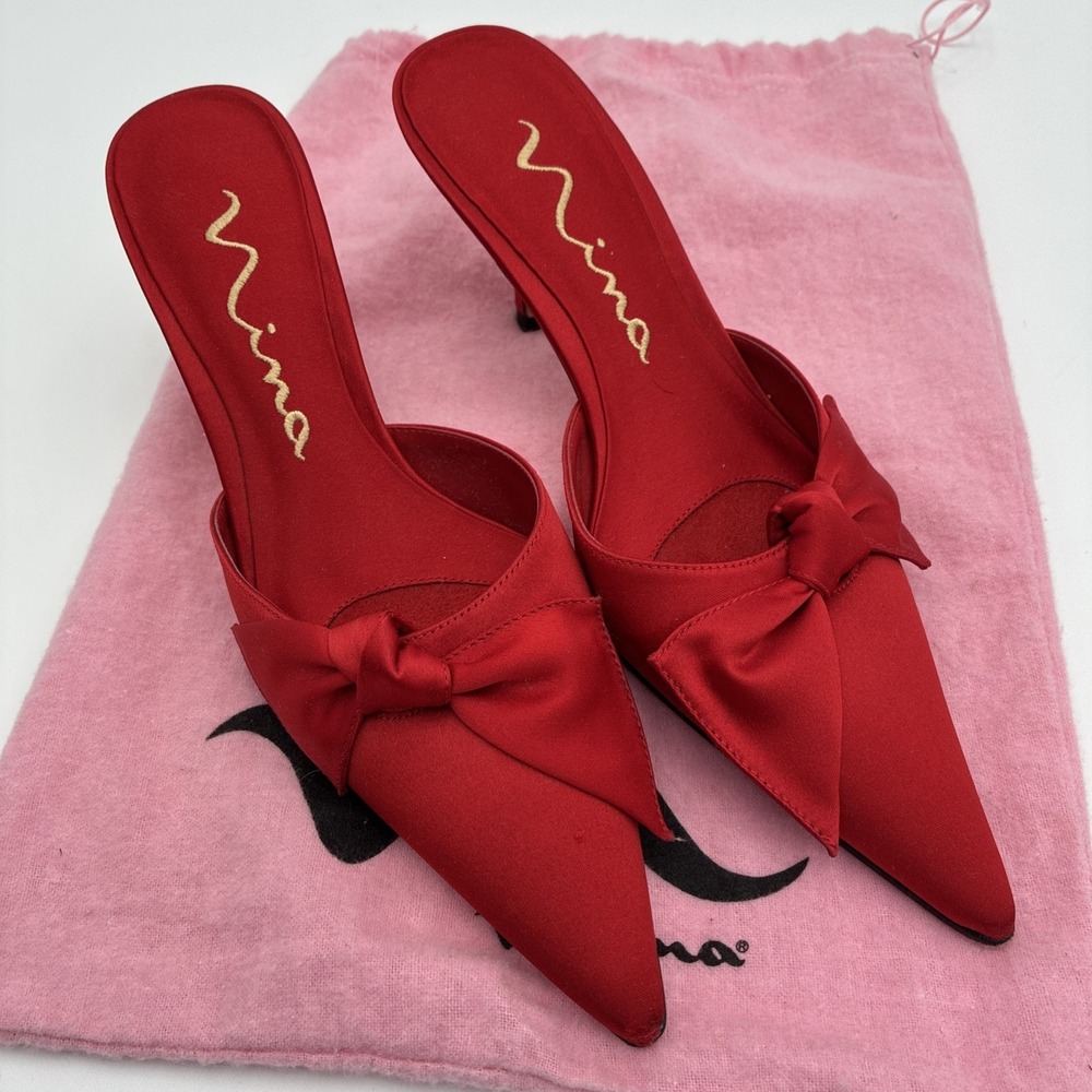 Nina Red Satin Bow Pointed Toe Mules Kitten Heels Shoes Womens 7M Leather Sole